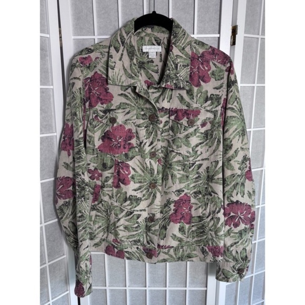 Charter Club 100% Linen Jacket – Cream w/ Green‎ & Pink Floral Print Size L